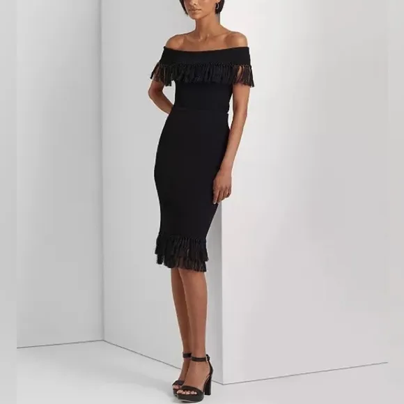 NWT $225 Lauren Ralph Lauren Rib-Knit Pencil Skirt with Fringe-Trim Black Small