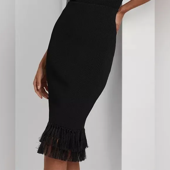 NWT $225 Lauren Ralph Lauren Rib-Knit Pencil Skirt with Fringe-Trim Black Small