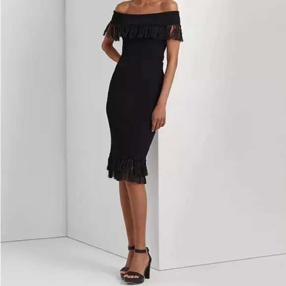 NWT $225 Lauren Ralph Lauren Rib-Knit Pencil Skirt with Fringe-Trim Black Small