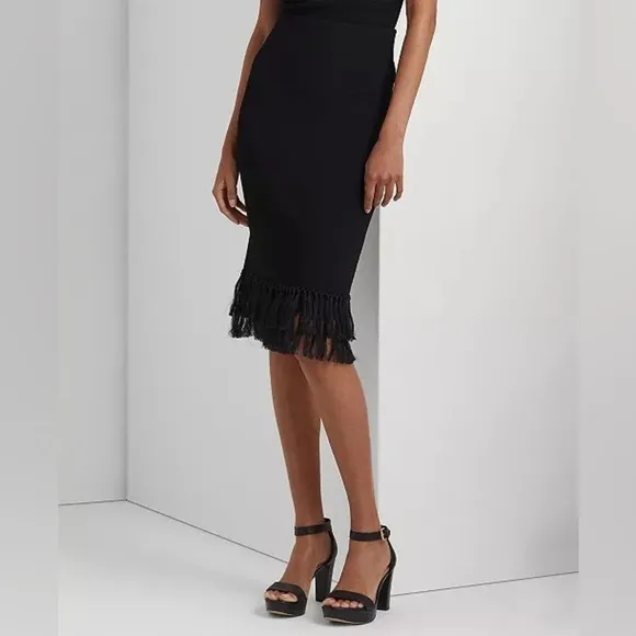 NWT $225 Lauren Ralph Lauren Rib-Knit Pencil Skirt with Fringe-Trim Black Small