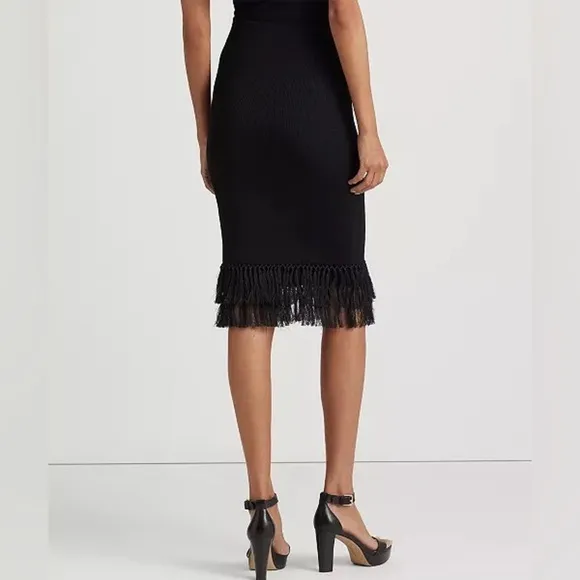 NWT $225 Lauren Ralph Lauren Rib-Knit Pencil Skirt with Fringe-Trim Black Small