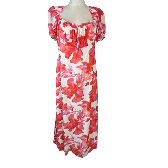 NWT WAYF Large Floral Print Maxi Dress Puff Sleeves &amp; Tie Neckline