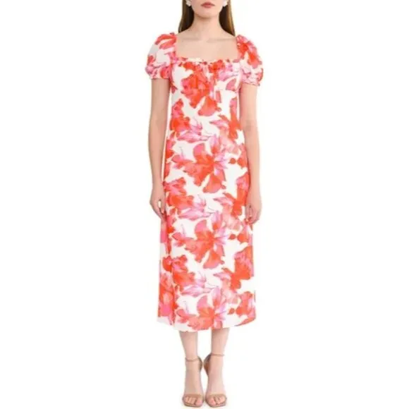 NWT WAYF Large Floral Print Maxi Dress Puff Sleeves &amp; Tie Neckline