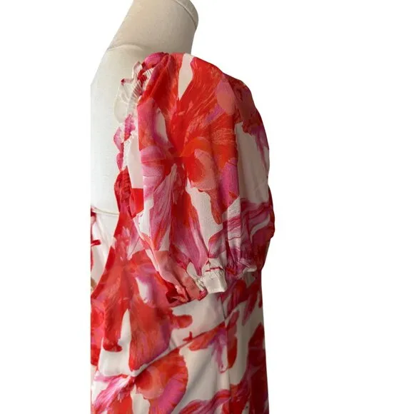 NWT WAYF Large Floral Print Maxi Dress Puff Sleeves &amp; Tie Neckline