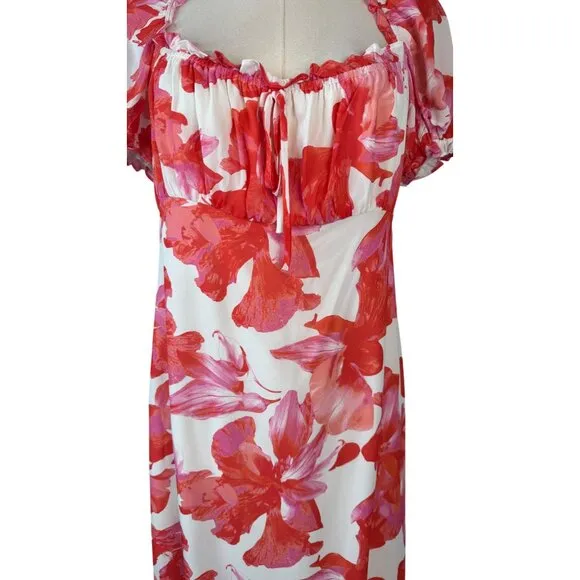 NWT WAYF Large Floral Print Maxi Dress Puff Sleeves &amp; Tie Neckline