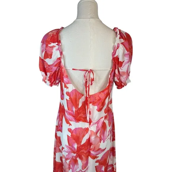 NWT WAYF Large Floral Print Maxi Dress Puff Sleeves &amp; Tie Neckline