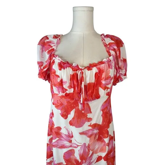 NWT WAYF Large Floral Print Maxi Dress Puff Sleeves &amp; Tie Neckline