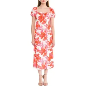 NWT WAYF Large Floral Print Maxi Dress Puff Sleeves &amp; Tie Neckline