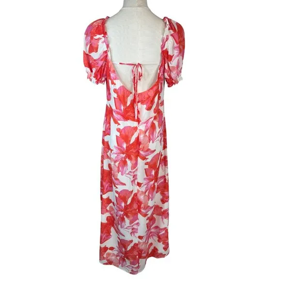 NWT WAYF Large Floral Print Maxi Dress Puff Sleeves &amp; Tie Neckline