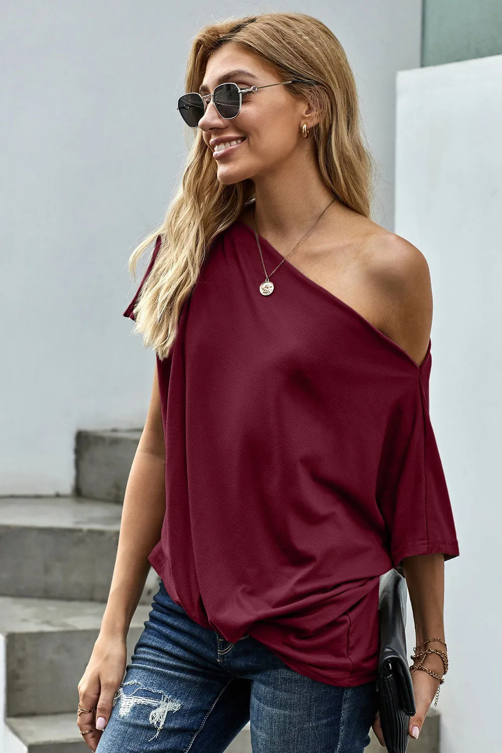 Off-The-Shoulder Slash Neck Casual Loose Fitting Top