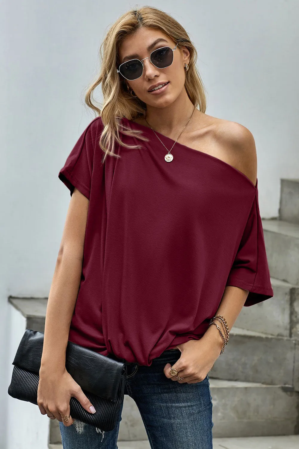 Off-The-Shoulder Slash Neck Casual Loose Fitting Top
