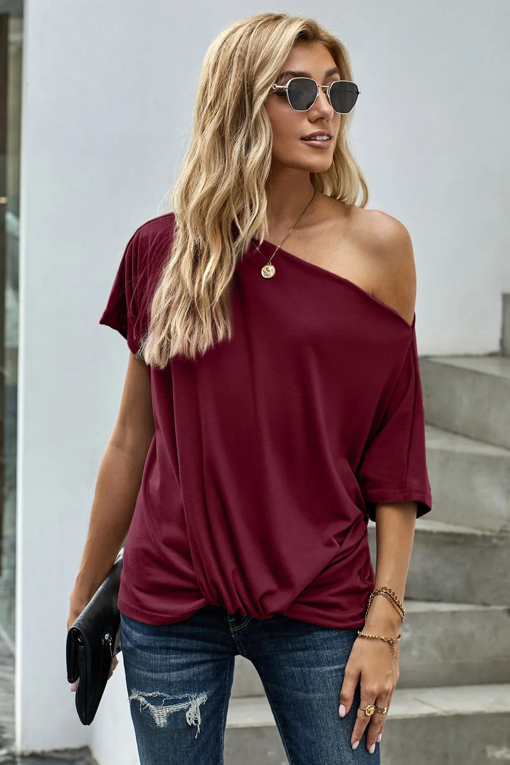 Off-The-Shoulder Slash Neck Casual Loose Fitting Top