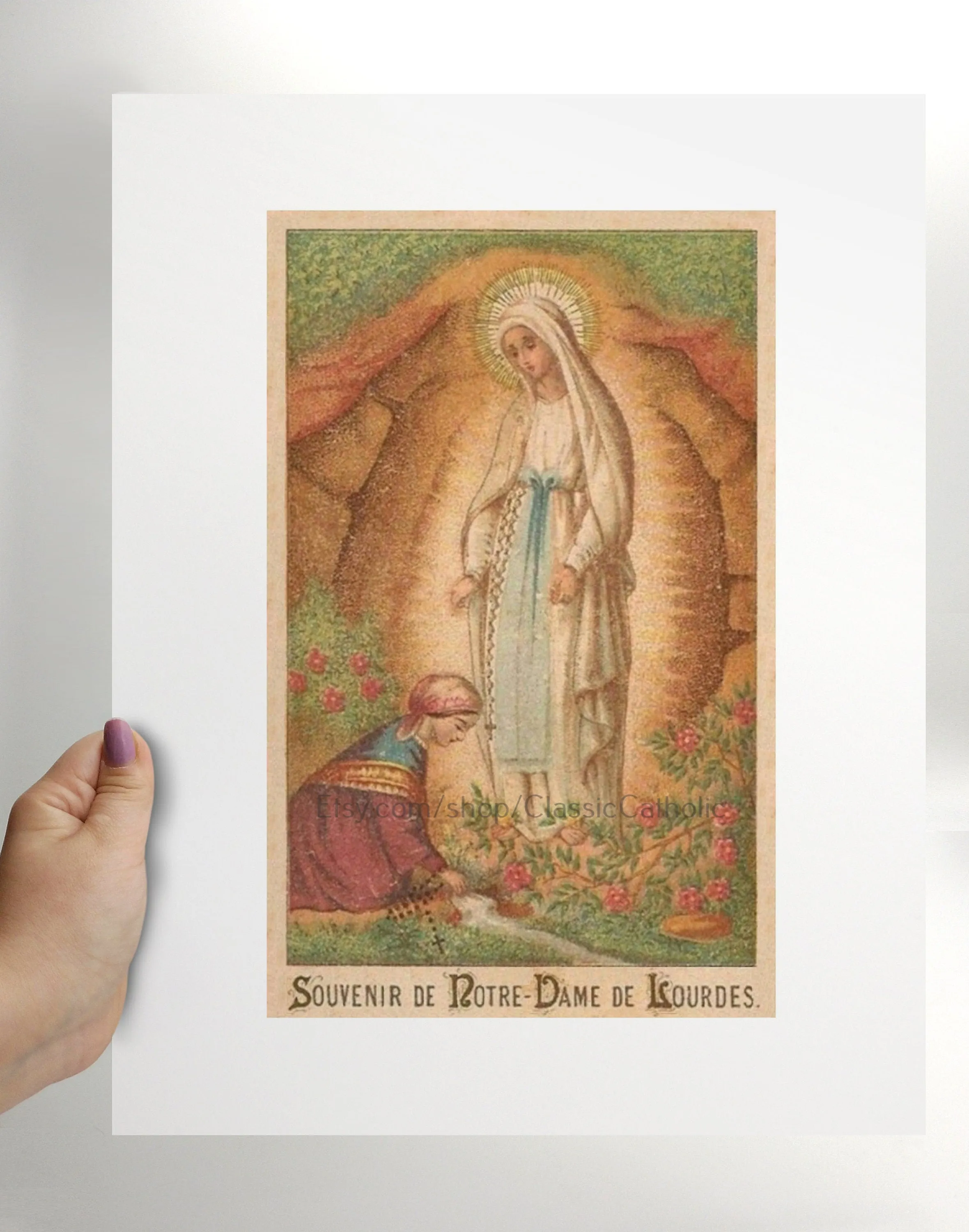 Our Lady of Lourdes – Based on Vintage Holy Card – 3 sizes – Catholic Art
