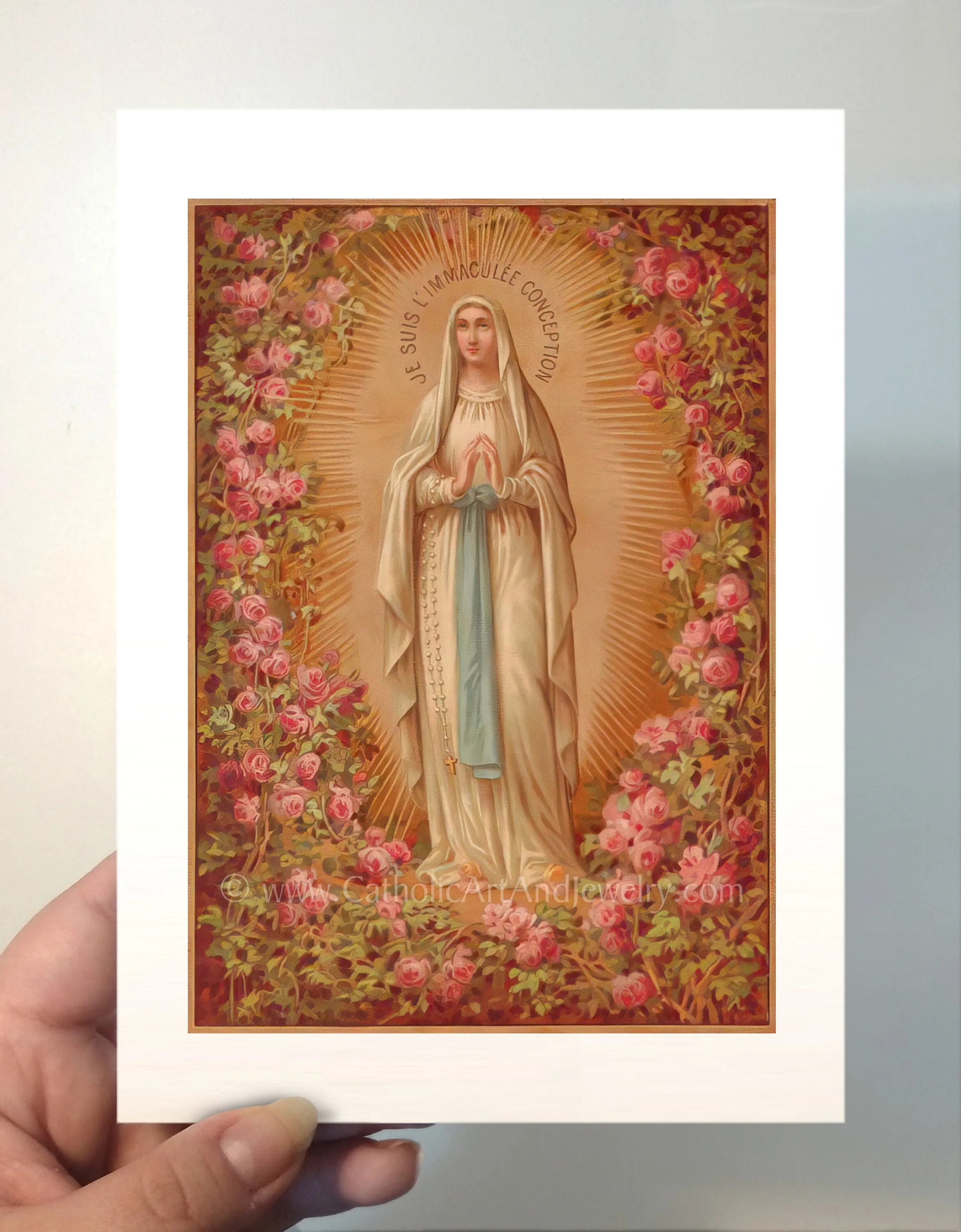 Our Lady of Lourdes Roses – based on a Vintage French Holy Card – Catholic Art Print