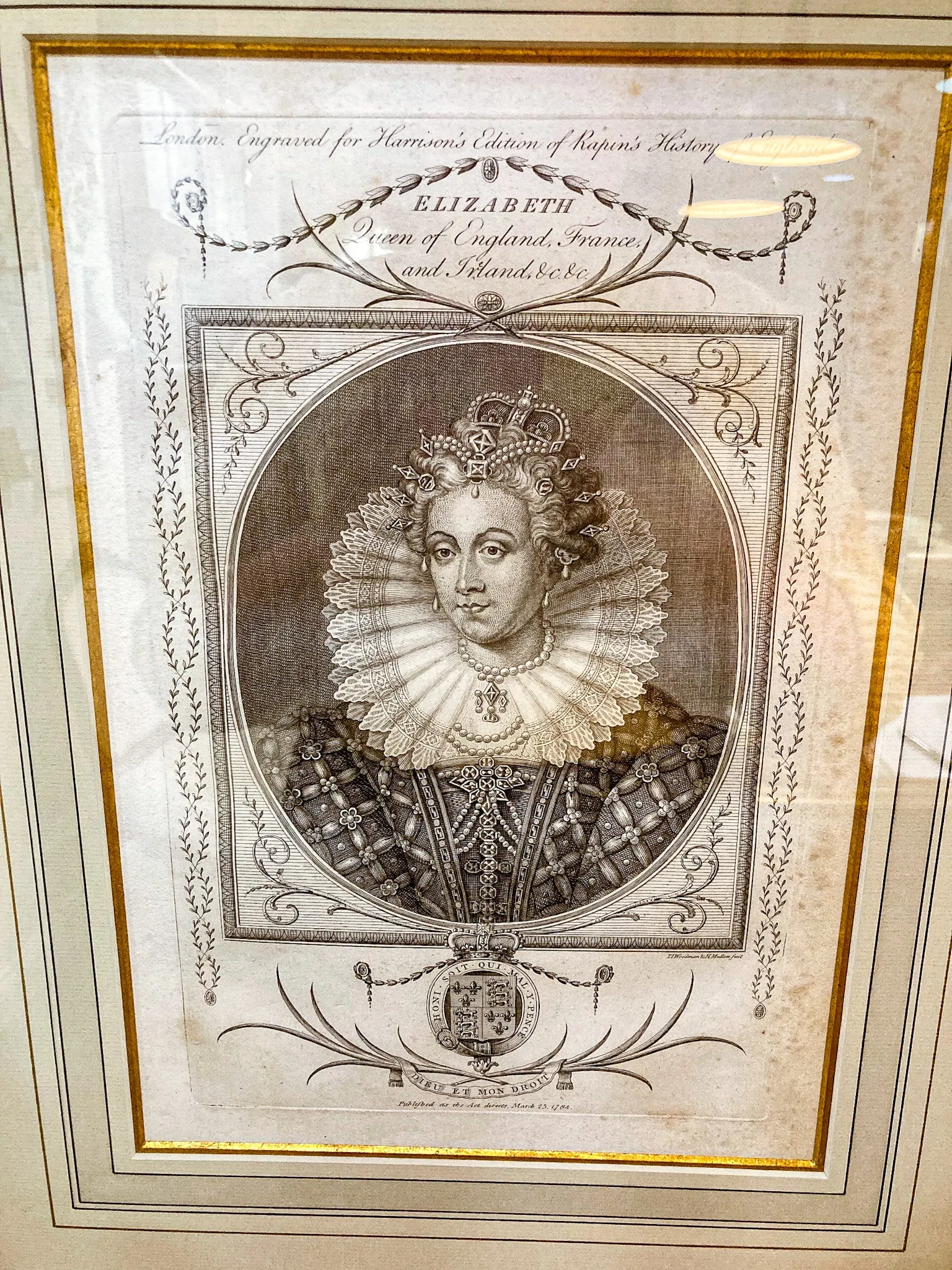 Pair Antique 18th Century Royal England Scotland Queen Framed Prints