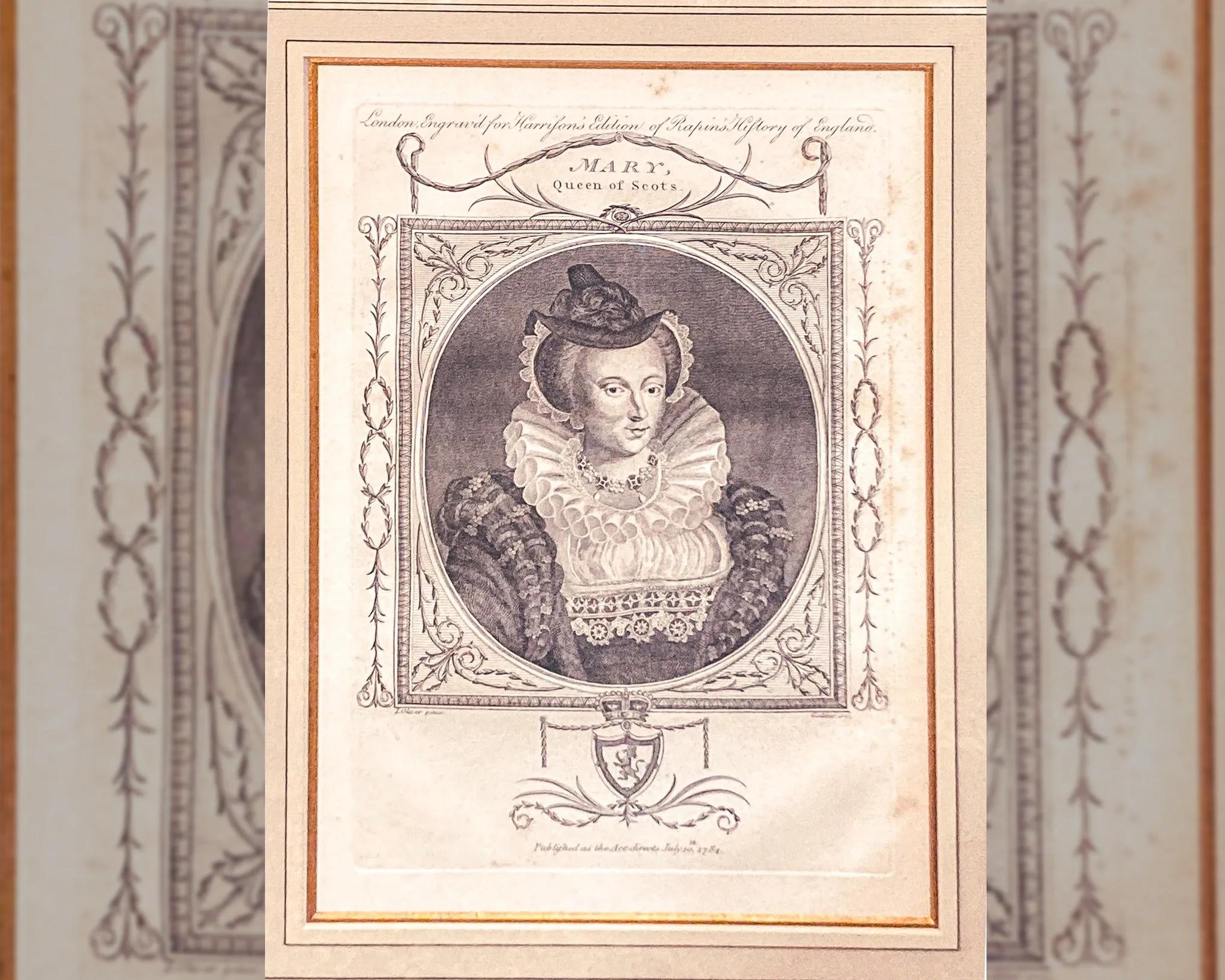Pair Antique 18th Century Royal England Scotland Queen Framed Prints