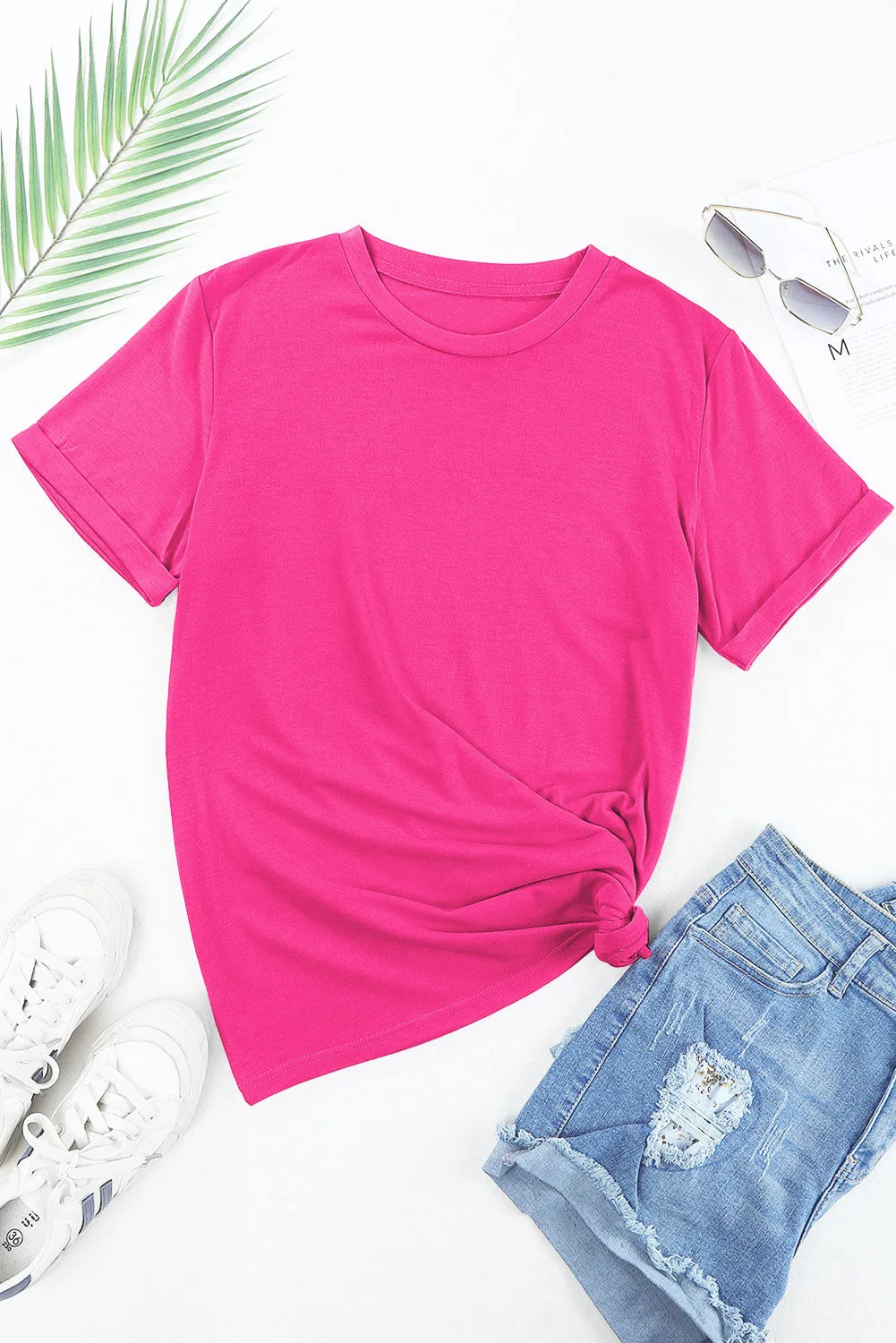 Rose Red Casual Plain Crew Neck Tee