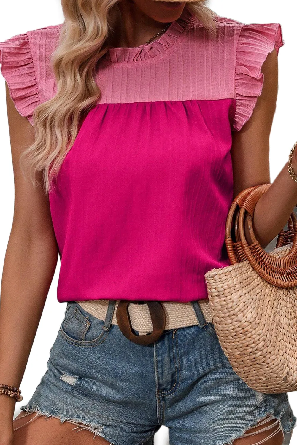 Rose Red Two Tone Ruffled Flutter Sleeve Blouse