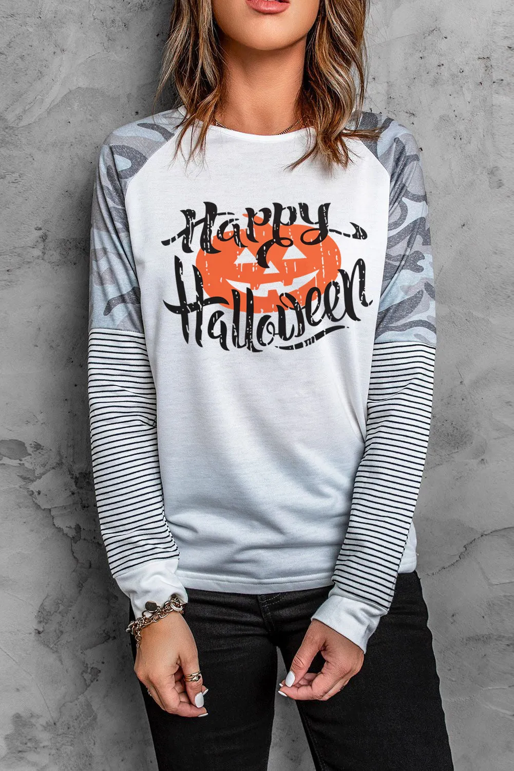 Round Neck Raglan Sleeve Camo Striped Patchwork Top