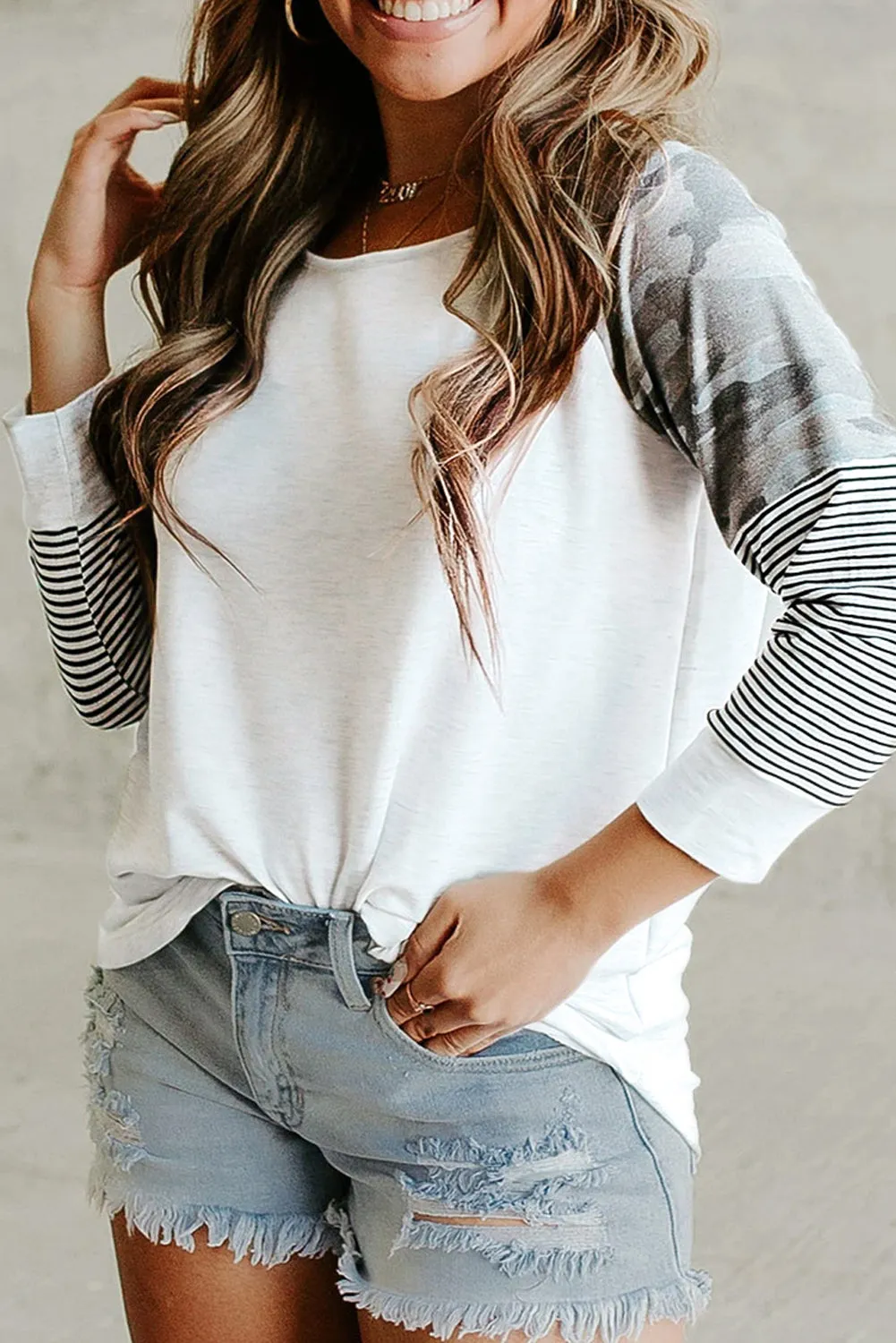 Round Neck Raglan Sleeve Camo Striped Patchwork Top