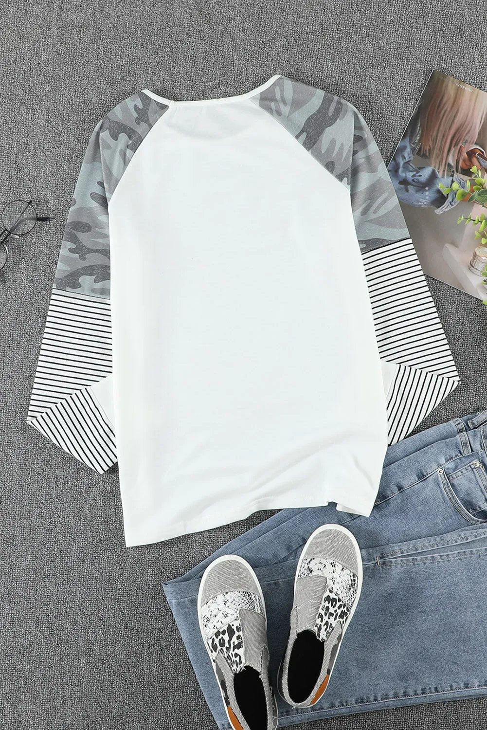 Round Neck Raglan Sleeve Camo Striped Patchwork Top