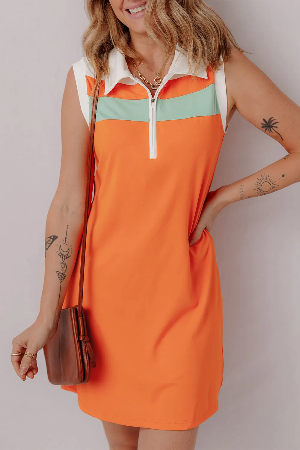 Russet Orange Colorblock Sleeveless Quarter Zip Collared Athletic Mini Dress
