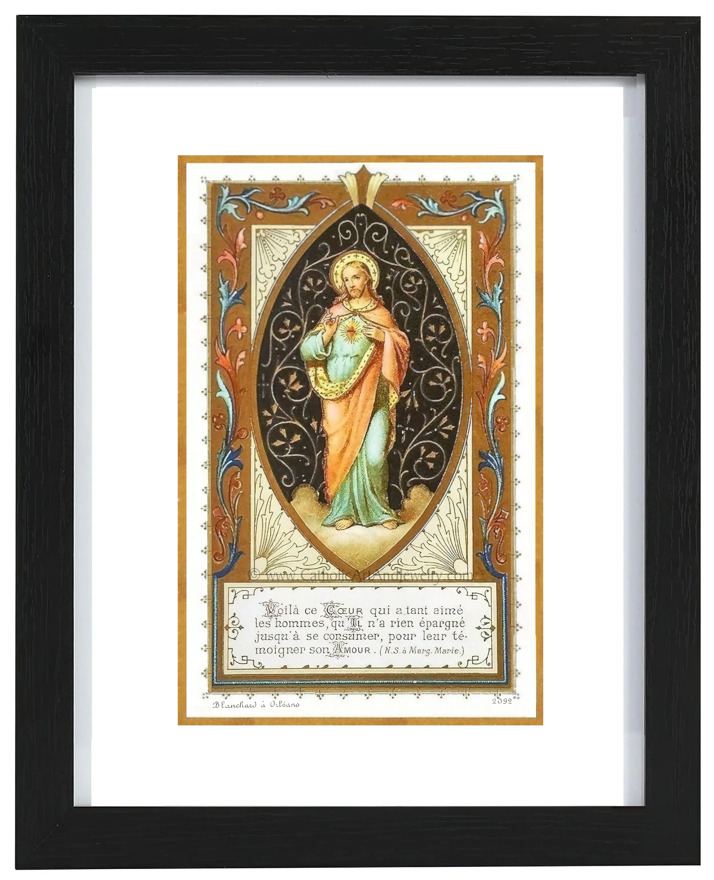 Sacred Heart of Jesus – Figure of Jesus with Filigree – 3 Sizes – based on a Vintage French Holy Card – Archival Quality