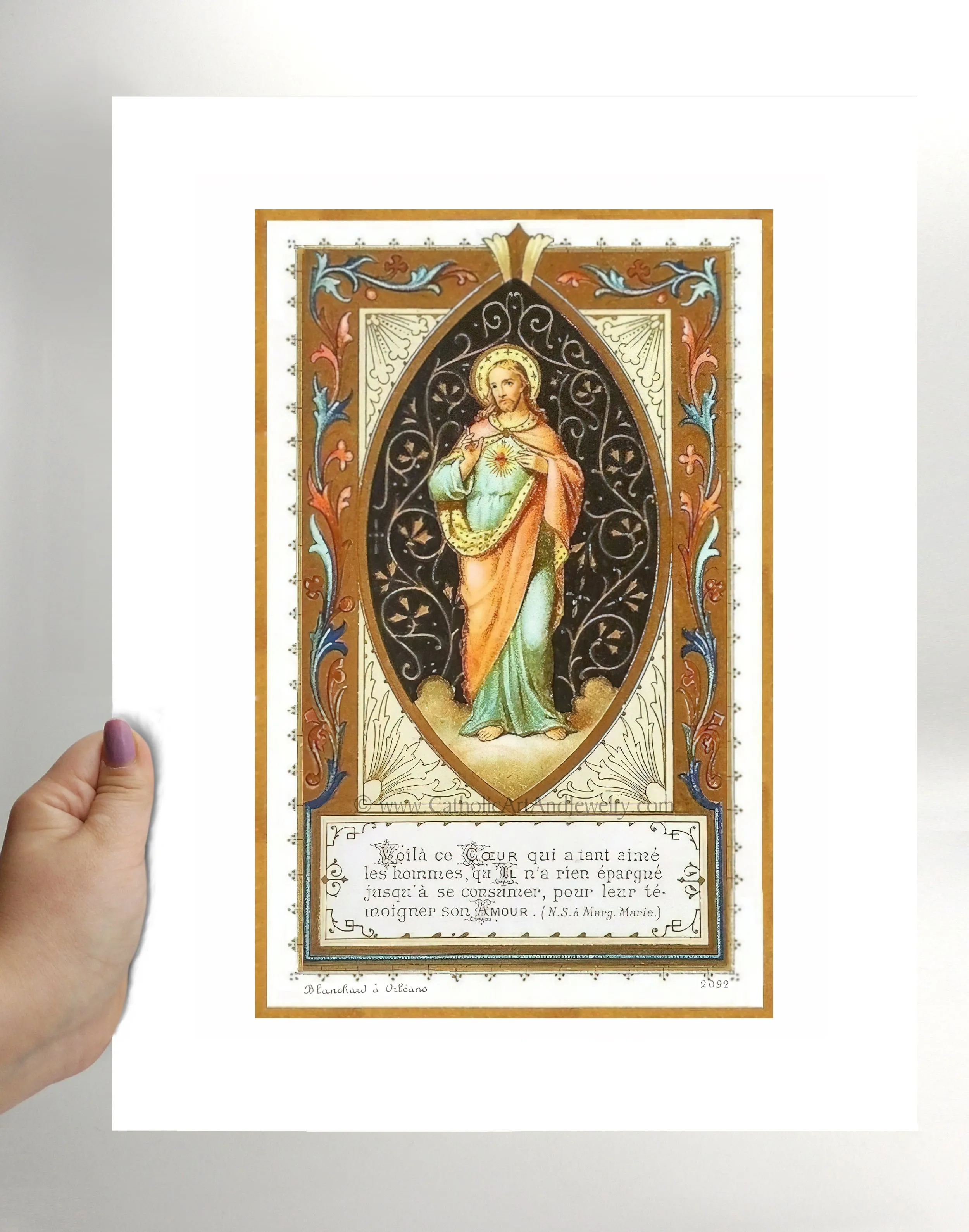 Sacred Heart of Jesus – Figure of Jesus with Filigree – 3 Sizes – based on a Vintage French Holy Card – Archival Quality