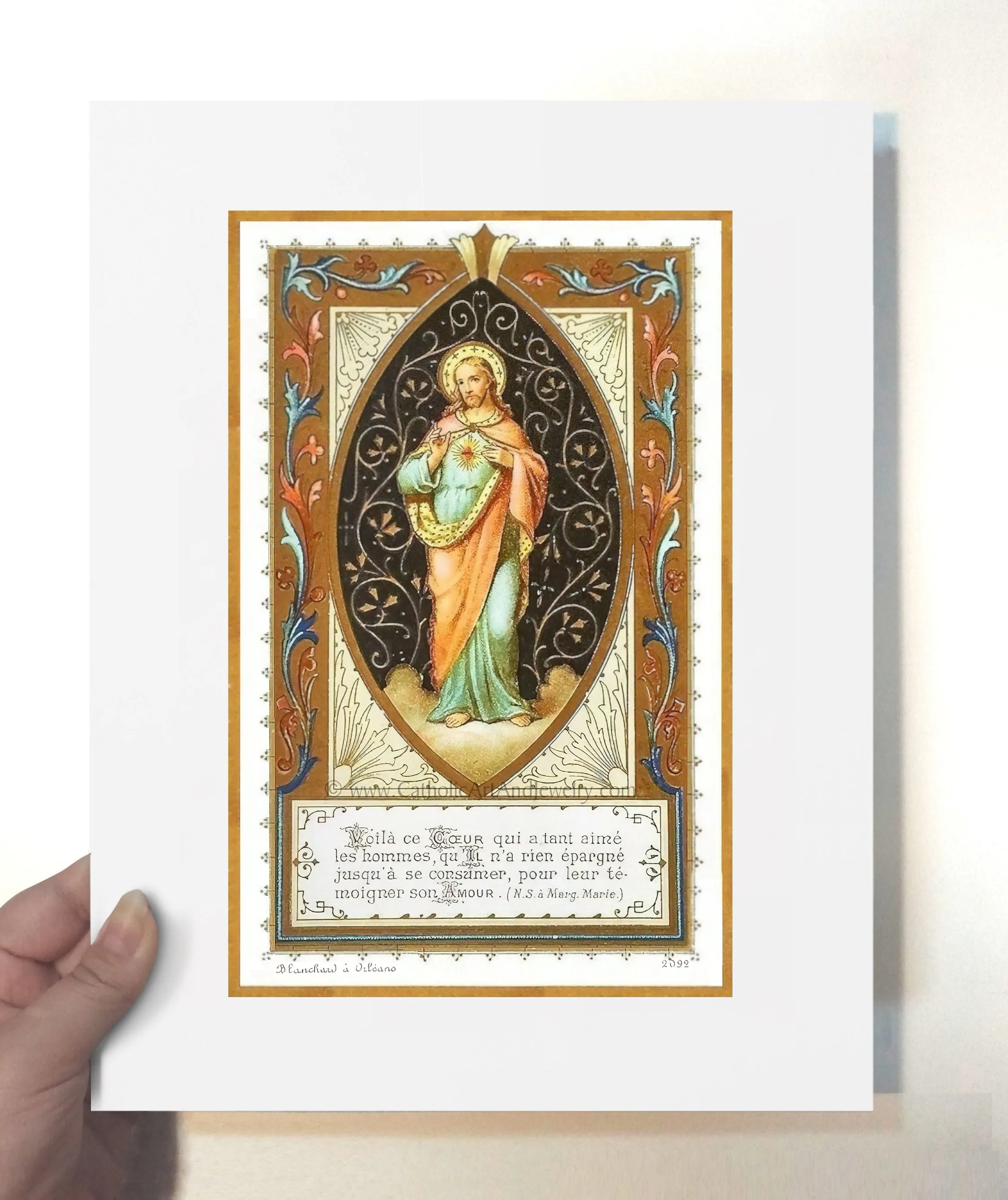 Sacred Heart of Jesus – Figure of Jesus with Filigree – 3 Sizes – based on a Vintage French Holy Card – Archival Quality