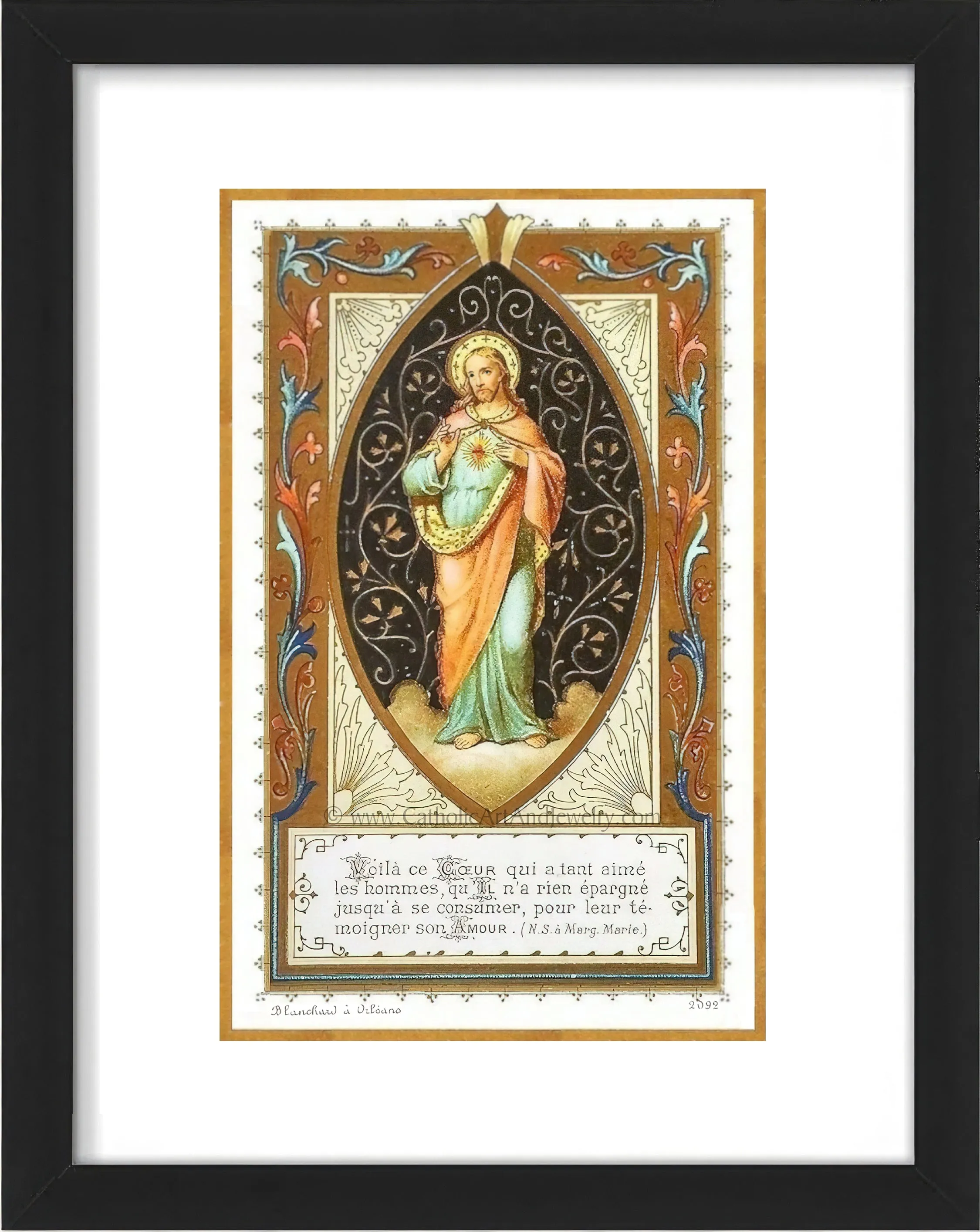 Sacred Heart of Jesus – Figure of Jesus with Filigree – 3 Sizes – based on a Vintage French Holy Card – Archival Quality