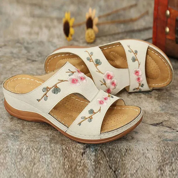 Slippers Vintage Ethnic Flower Platform Flat Shoes Comfortable Casual Sandals