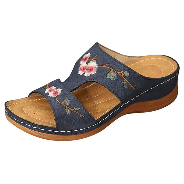 Slippers Vintage Ethnic Flower Platform Flat Shoes Comfortable Casual Sandals