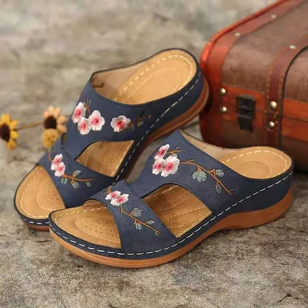 Slippers Vintage Ethnic Flower Platform Flat Shoes Comfortable Casual Sandals