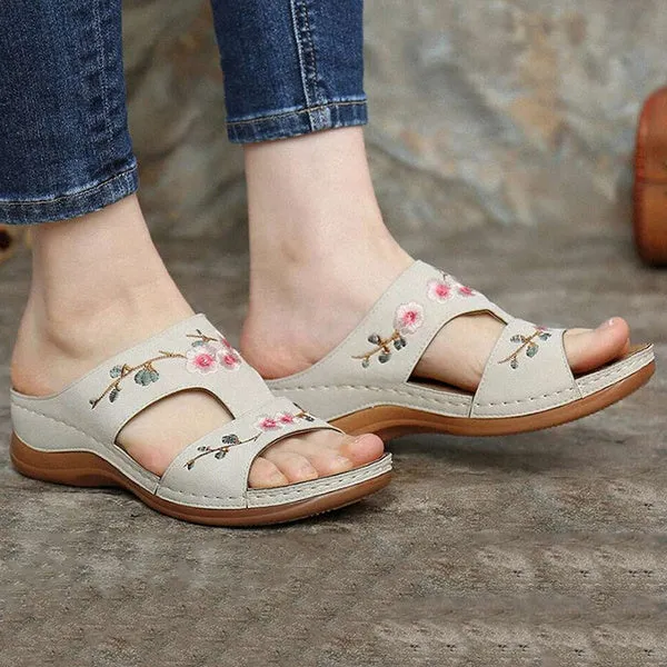 Slippers Vintage Ethnic Flower Platform Flat Shoes Comfortable Casual Sandals