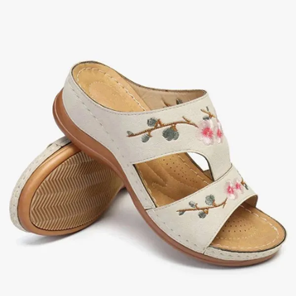 Slippers Vintage Ethnic Flower Platform Flat Shoes Comfortable Casual Sandals