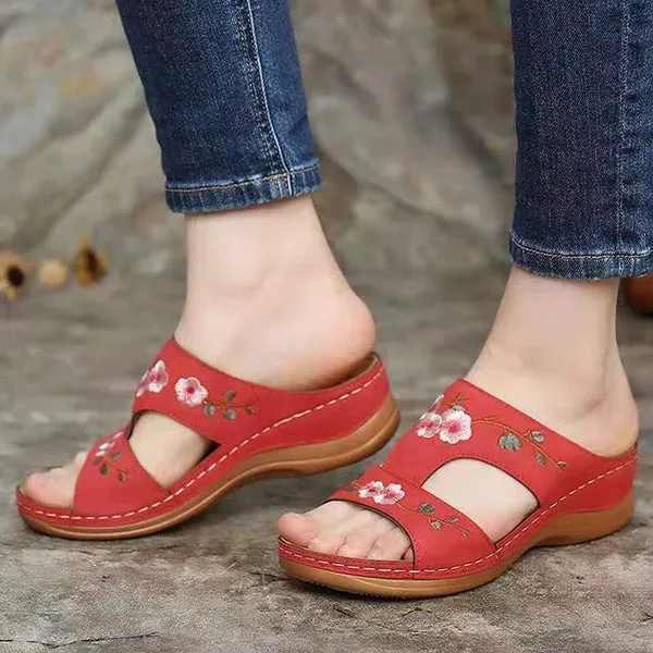 Slippers Vintage Ethnic Flower Platform Flat Shoes Comfortable Casual Sandals