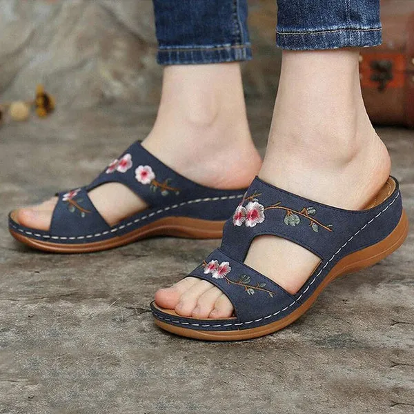 Slippers Vintage Ethnic Flower Platform Flat Shoes Comfortable Casual Sandals