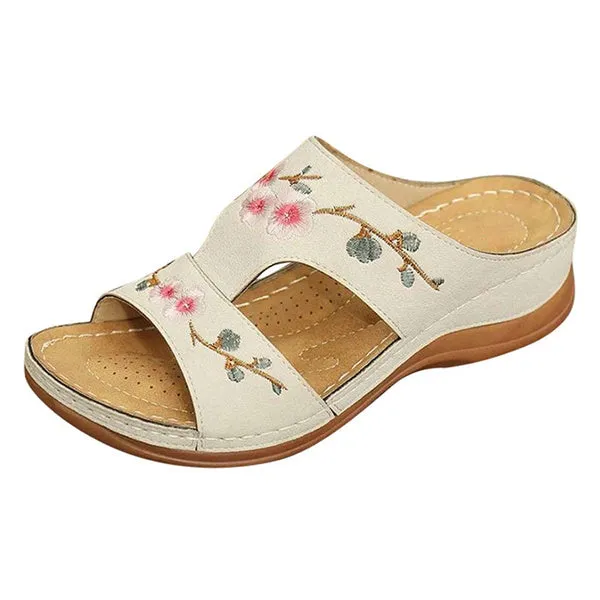 Slippers Vintage Ethnic Flower Platform Flat Shoes Comfortable Casual Sandals