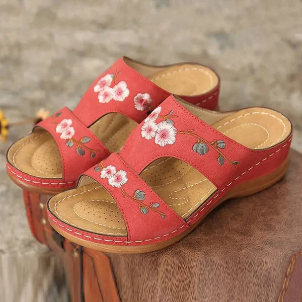 Slippers Vintage Ethnic Flower Platform Flat Shoes Comfortable Casual Sandals