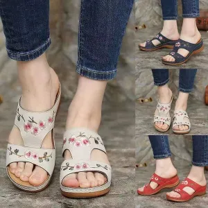Slippers Vintage Ethnic Flower Platform Flat Shoes Comfortable Casual Sandals
