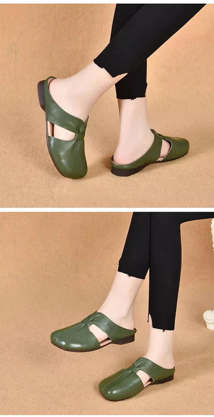 Soft-Soled Soft-Leather Covered-Toe Slippers