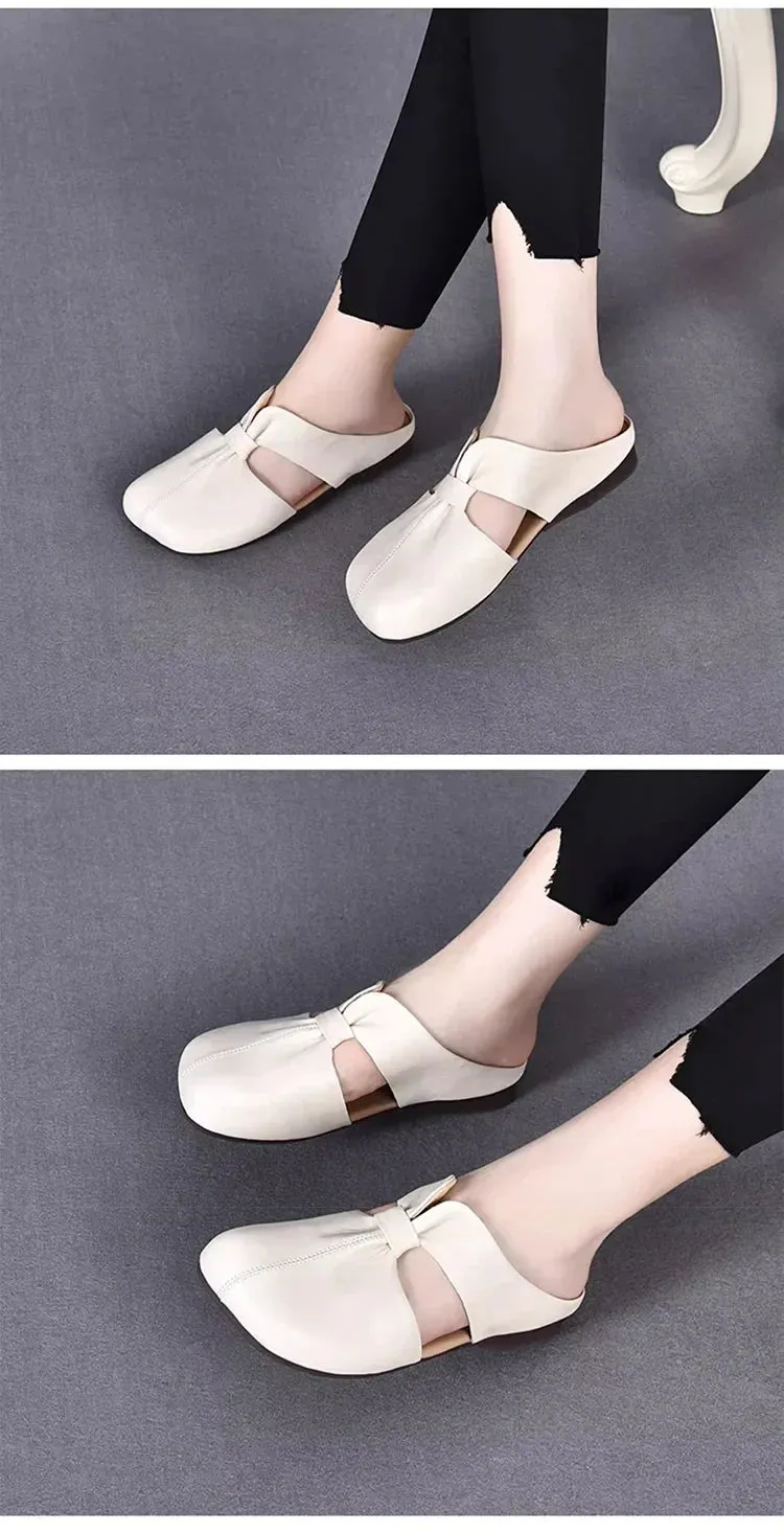 Soft-Soled Soft-Leather Covered-Toe Slippers