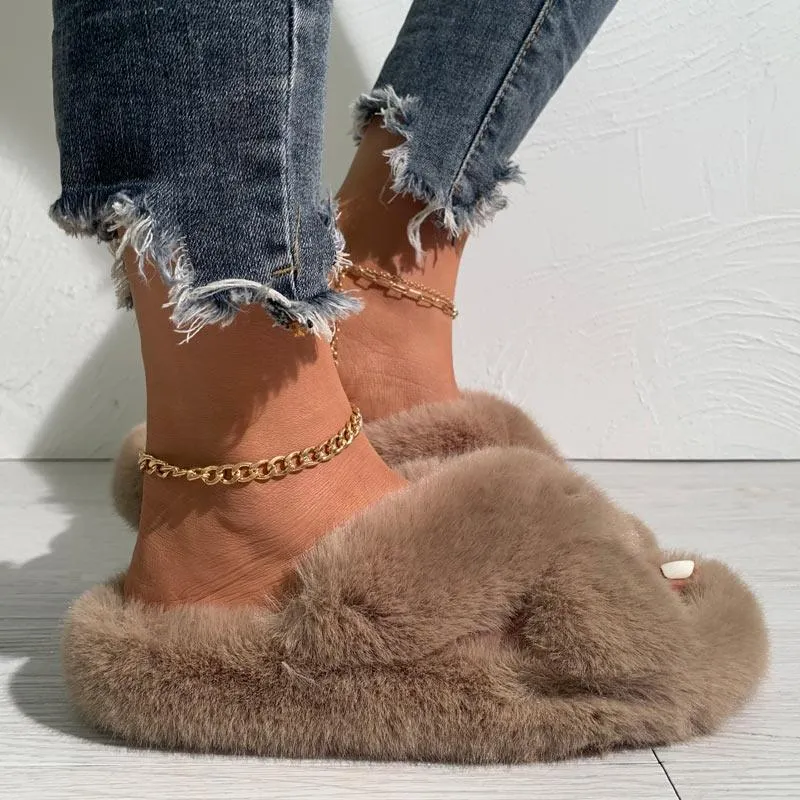 Solid Cross Strap Fluffy Flat Sandals