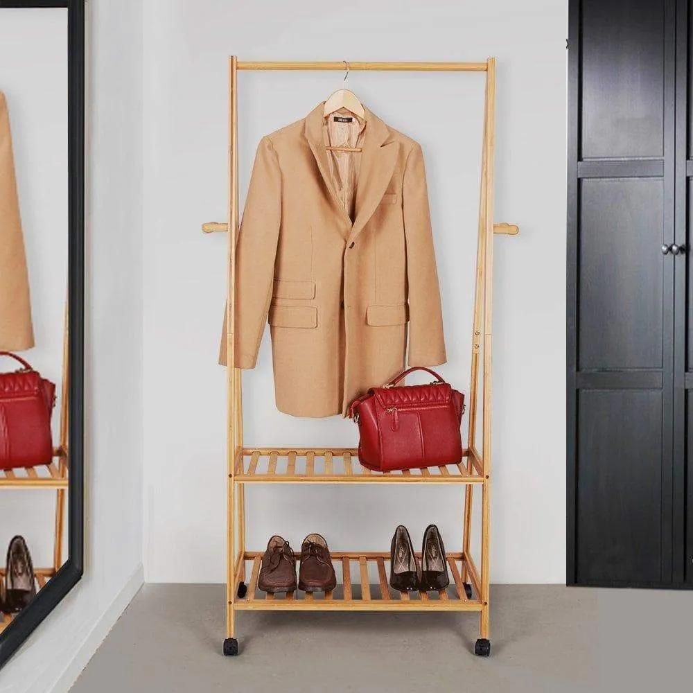 SONGMICS Rolling Coat Rack, Bamboo Garment Rack, Clothes Hanging Rail with 2 Shelves 4 Hooks, for Shoes, Hats and Scarves, in the Hallway, Living Room, Guest Room