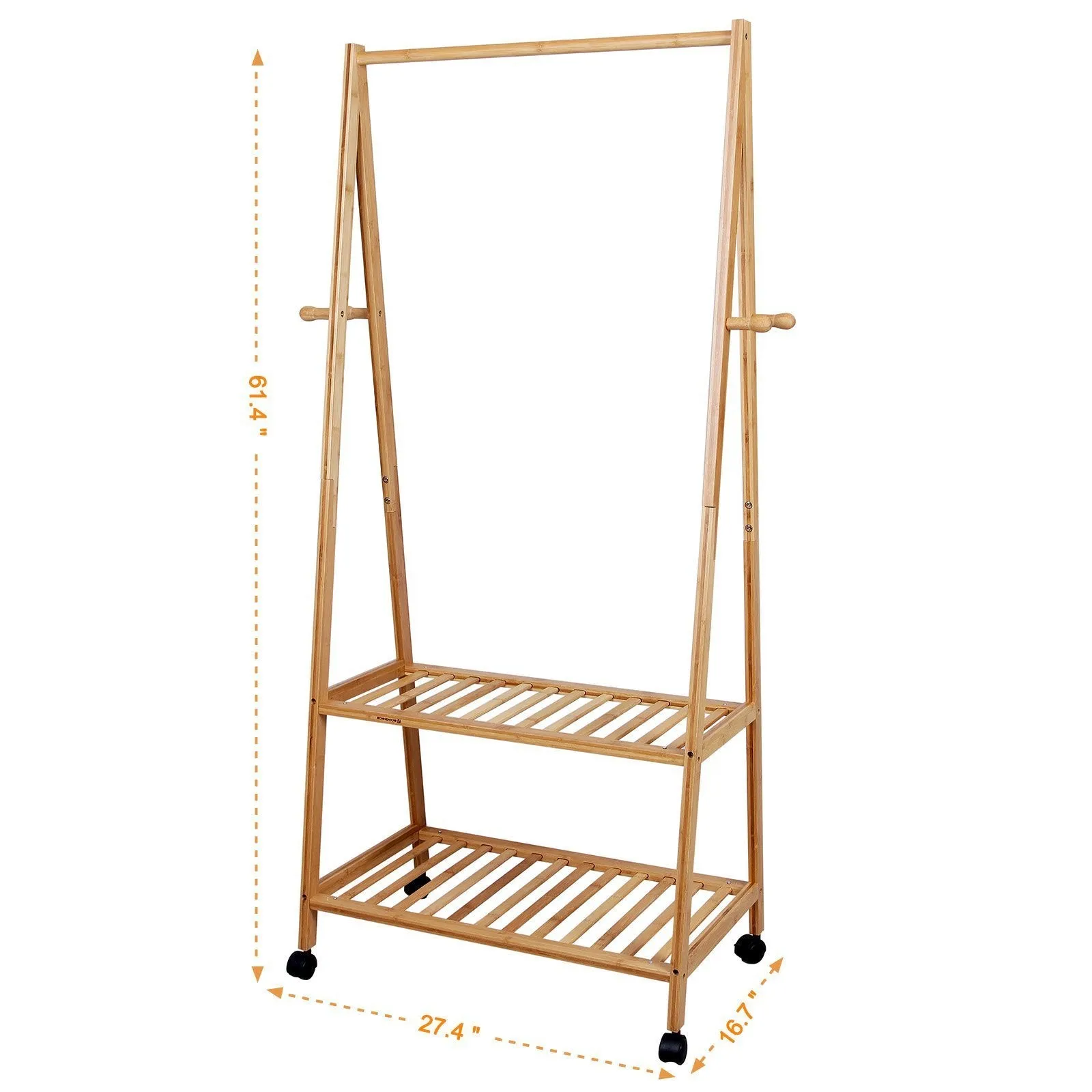SONGMICS Rolling Coat Rack, Bamboo Garment Rack, Clothes Hanging Rail with 2 Shelves 4 Hooks, for Shoes, Hats and Scarves, in the Hallway, Living Room, Guest Room