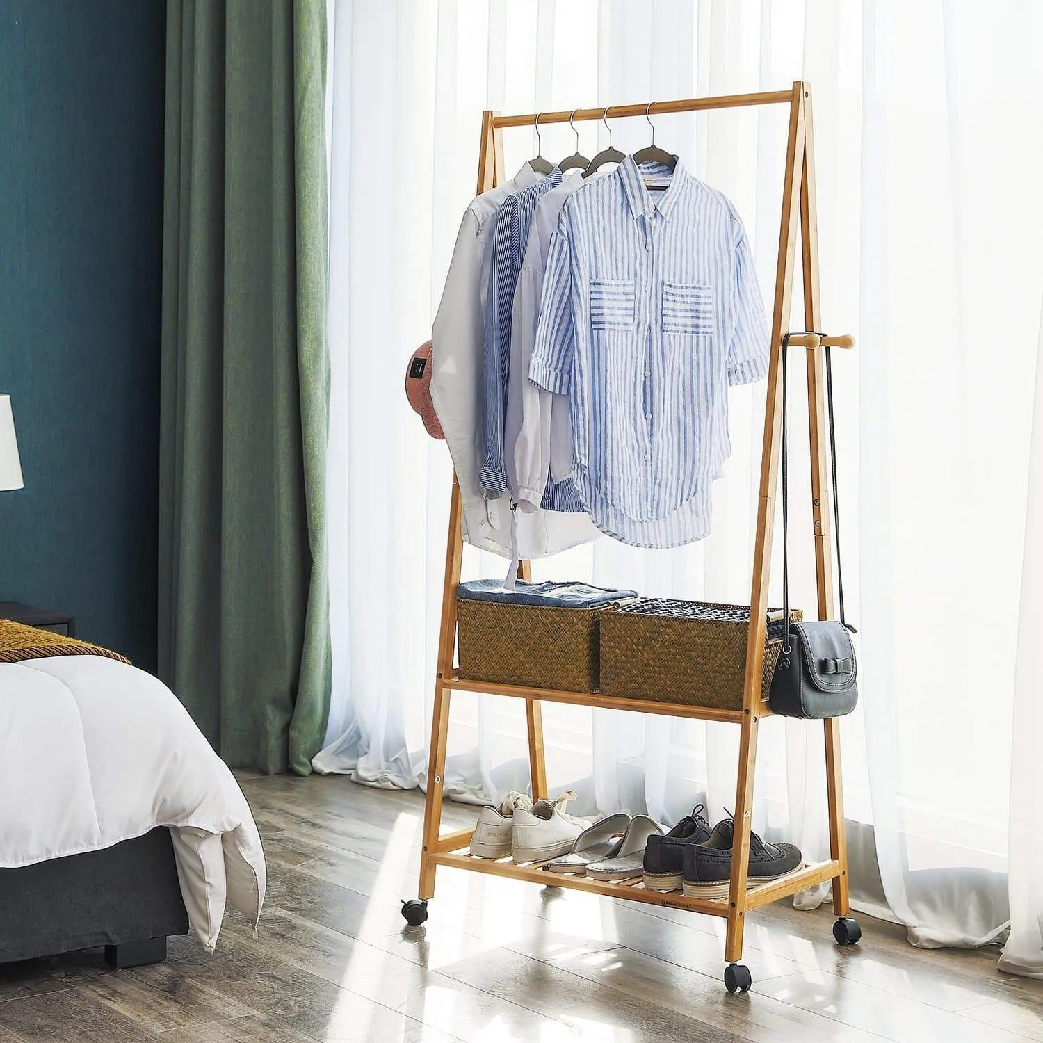 SONGMICS Rolling Coat Rack, Bamboo Garment Rack, Clothes Hanging Rail with 2 Shelves 4 Hooks, for Shoes, Hats and Scarves, in the Hallway, Living Room, Guest Room