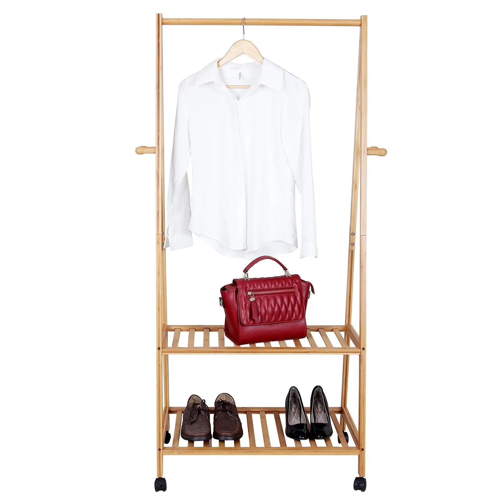 SONGMICS Rolling Coat Rack, Bamboo Garment Rack, Clothes Hanging Rail with 2 Shelves 4 Hooks, for Shoes, Hats and Scarves, in the Hallway, Living Room, Guest Room