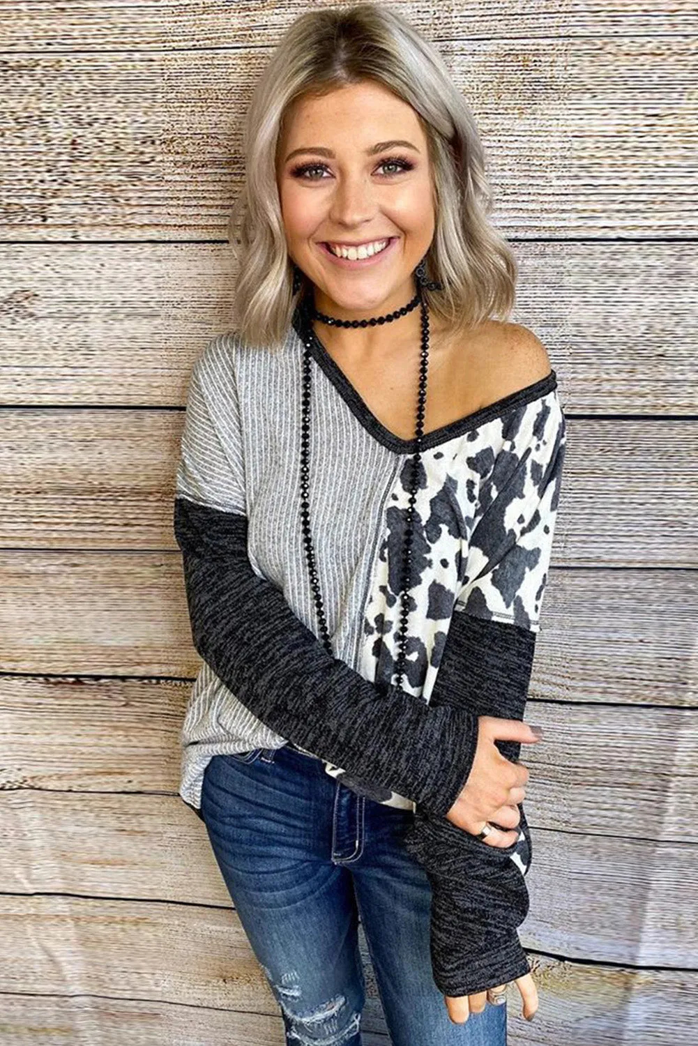 Spot Print Color Block Blouse