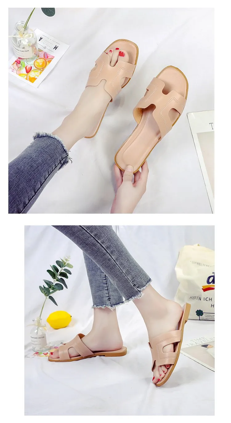 Spring and Summer Women's Shoes Casual Word Sandals and Slippers H Slippers Outside Wearing Women's Solid Color Slippers