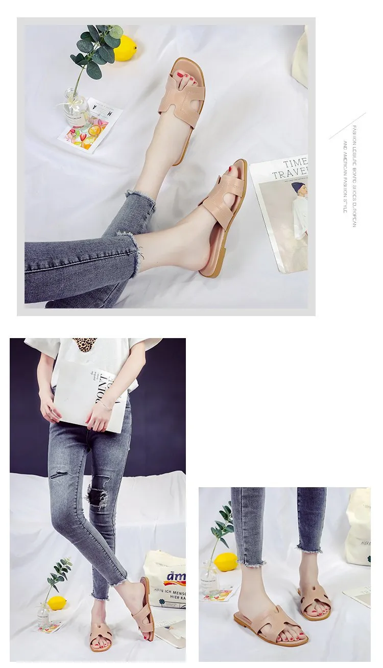 Spring and Summer Women's Shoes Casual Word Sandals and Slippers H Slippers Outside Wearing Women's Solid Color Slippers